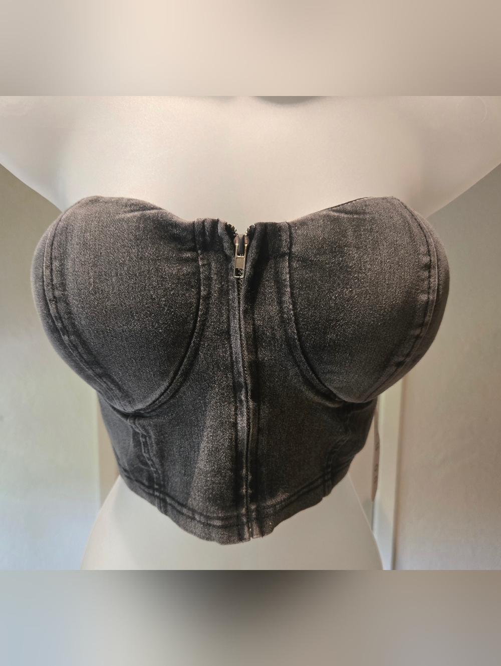 Story On Strapless Washed Black Denim Corset Top